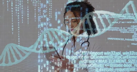 DNA strand and binary coding animation over medical professional using tablet Stock Footage 303584821