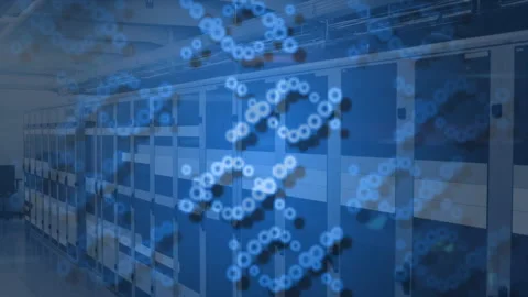 DNA strand and binary coding, scientific data processing animation over servers Stock Footage 303841121