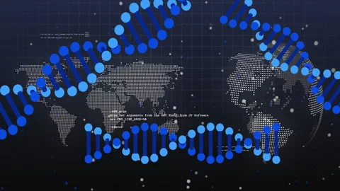 DNA strand and binary coding, scientific data processing animation over world Stock Footage 304843374