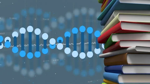 DNA strand and binary coding animation next to stack of colorful books Stock Footage 304853377
