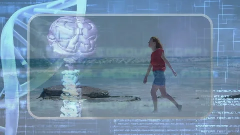 DNA strand and binary coding animation over person walking on beach Stockbeeldmateriaal 305487912