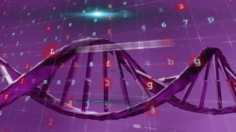 DNA strand and binary coding over purple background with letters and numbers Stock Footage 328601207