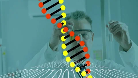 DNA strand and binary coding, scientific data processing animation over 動画素材 330662328