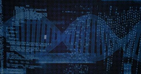 DNA strand and binary coding, scientific data processing image Illustrazione stock