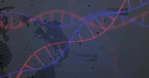DNA strand and binary coding image over world map and data processing Illustrazione stock