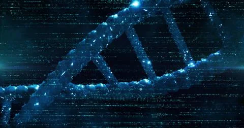 DNA strand and binary coding, scientific data processing image Stock Photos