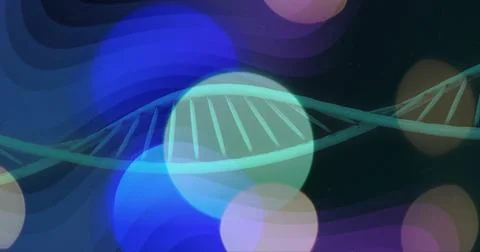 DNA strand and circular light patterns, scientific data processing Illustrazione stock