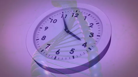 DNA strand and clock face symbolizing genetic research and time in animation Video stock 304011662