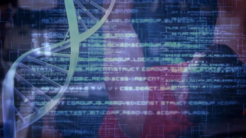 DNA strand and coding animation over person in red shirt Stock-Footage 303539226