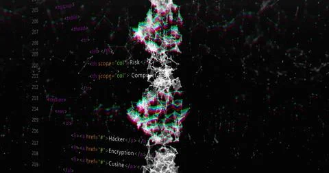 DNA strand and coding image over digital data and programming text Stock-Fotos