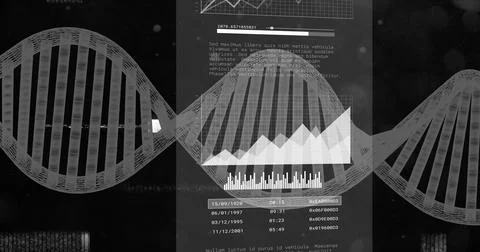 DNA strand and data charts image over scientific text background 库存插图
