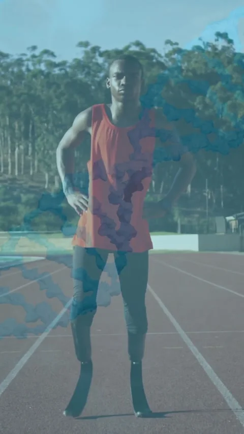 DNA strand and data processing animation over athlete standing on running track Stock Footage 343682172