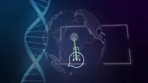 DNA strand and digital communication icon over world map animation Stock Footage 303527976