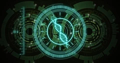 DNA strand and digital interface, scientific data processing image Stock Photos