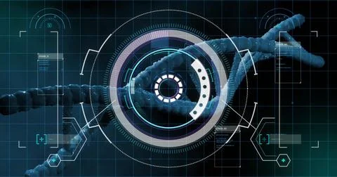 DNA strand and digital interface, scientific data processing image Foto stock