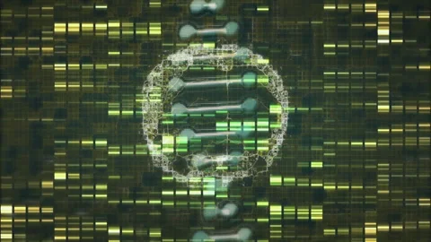 DNA strand and genetic code analysis animation over green and yellow data Stock Footage 305814452
