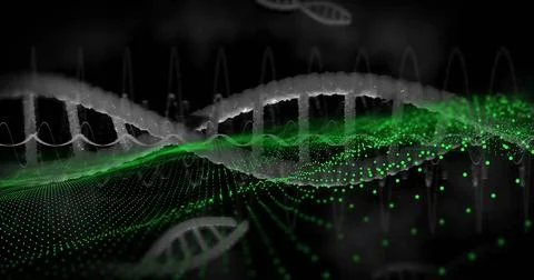 DNA strand and green data waves, scientific image over black background 스톡 일러스트