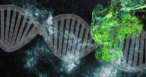 DNA strand and green particles, scientific data processing animation Stock Footage 305431858