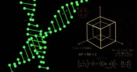 DNA strand and mathematical formulas over geometric shapes and equations Illustrazione stock