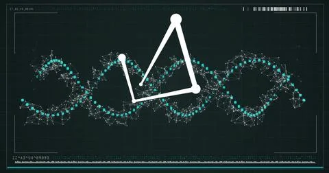 DNA strand and molecular structure image over digital grid background Illustrazione stock
