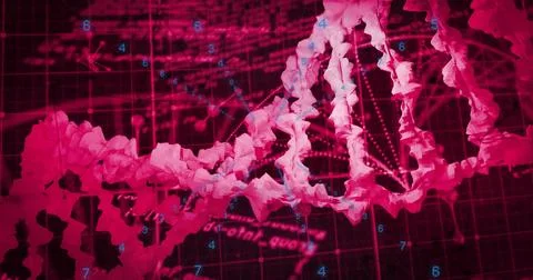 DNA strand and numerical data analysis image over red grid background Stock Photos
