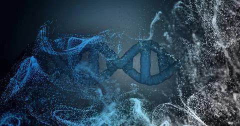 DNA strand and particles image over dark blue background Stock Illustration