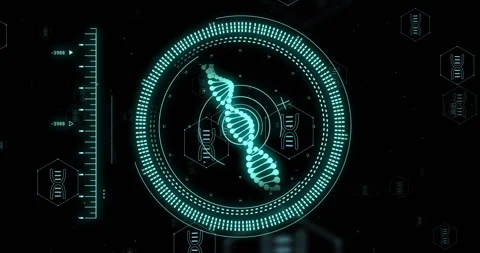 DNA strand and scientific data processing animation over dark background Stock Footage 303739206