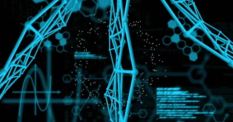 DNA strand and scientific data processing animation over dark background 스톡 동영상 304308131