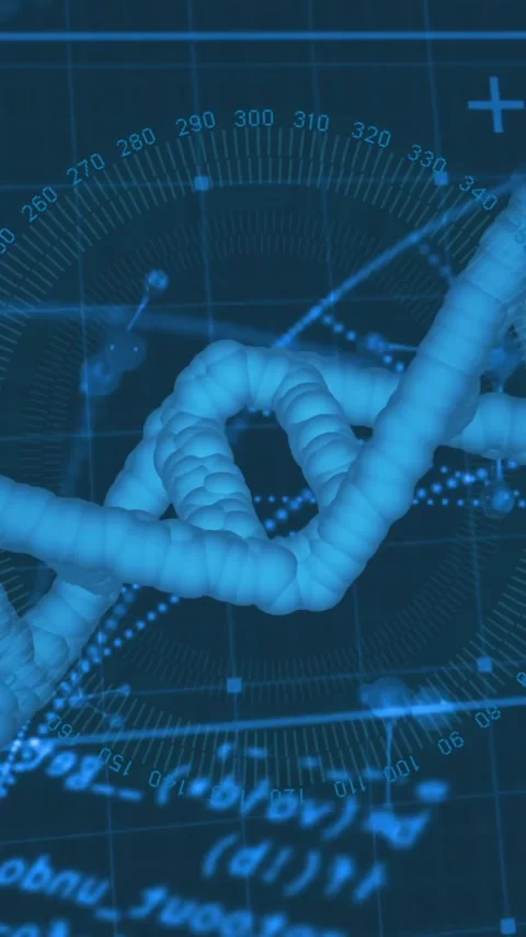 DNA strand and scientific data processing animation over blue grid background Stock Footage 341927881