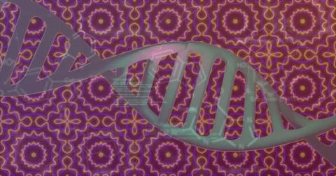 DNA strand and scientific data processing over colorful geometric patterns Illustrazione stock