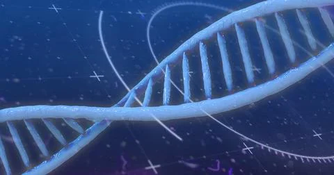 DNA strand and scientific data processing image over blue background Stock Illustration