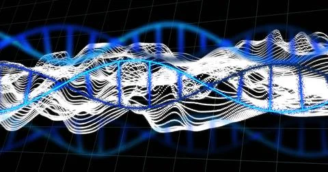 DNA strand and wave patterns, scientific data processing image Illustrazione stock