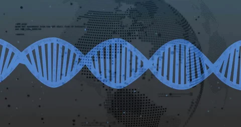 DNA strand animation over digital world map and binary coding Stock Footage 305366556