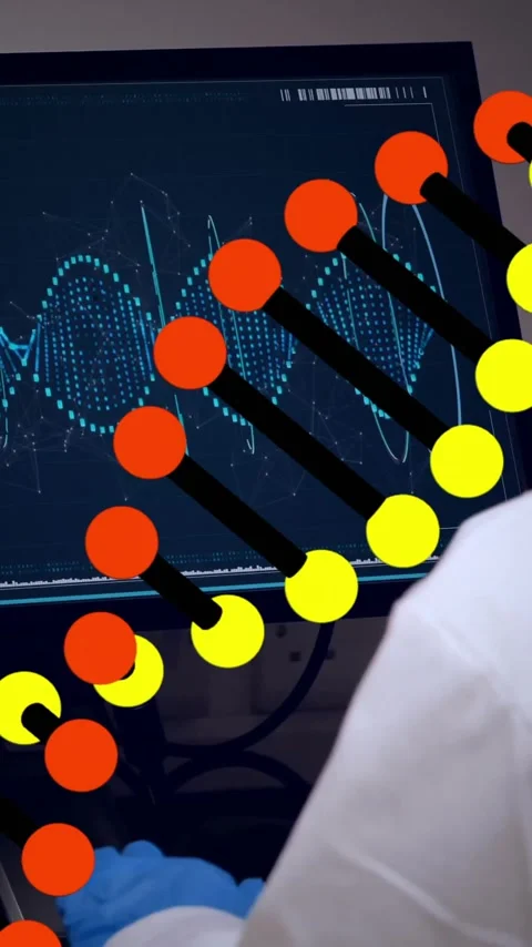 DNA strand animation over scientist analyzing data on computer screen Stock Footage 320093781