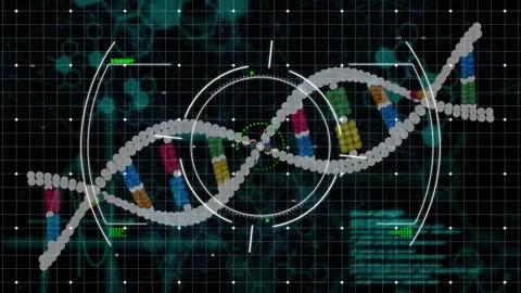 DNA strand with binary coding, processing scientific data in animation style Stock Footage 304806298