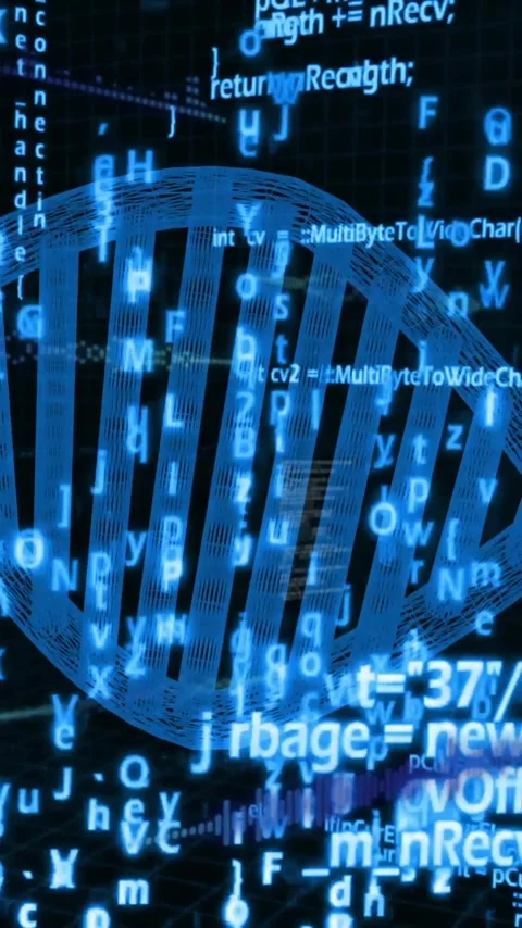 DNA strand with binary coding, processing scientific data in animation style 動画素材 344370534