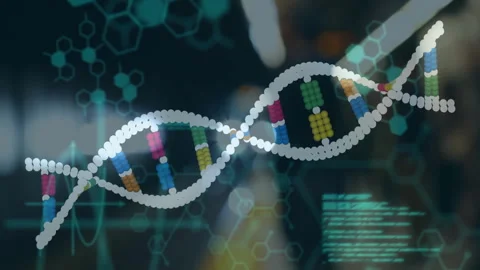 DNA strand with binary coding, scientific data processing in animation style 動画素材 303840137