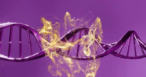 DNA strand with glowing particles image on purple background Stock Illustration