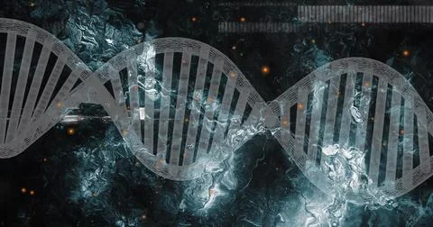 DNA strand image over abstract swirling dark background 스톡 일러스트