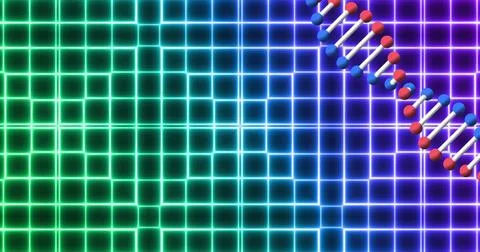 DNA strand image over glowing geometric grid background 스톡 일러스트