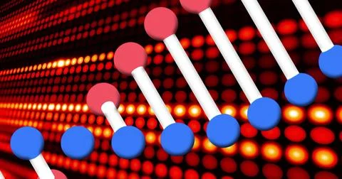 DNA strand image over red and orange digital dots background 스톡 일러스트