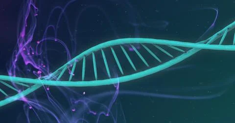 DNA strand image over swirling purple and blue background Stock Illustration