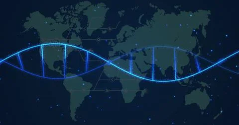 DNA strand image over world map with data points Stock Illustration