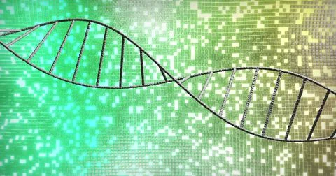 DNA strand over digital pixelated background, scientific data processing image Foto stock