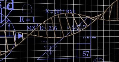 DNA strand over mathematical equations and geometric shapes on black background Stockillustratie