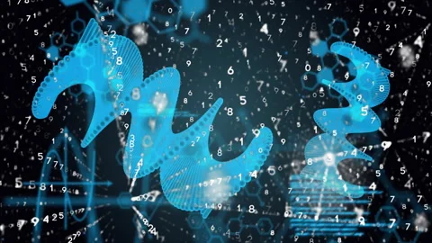 DNA strands and binary code, scientific data processing animation on dark Stock Footage 303616811