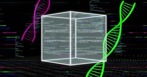 DNA strands and coding data image over glowing cube on dark background Stock Illustration