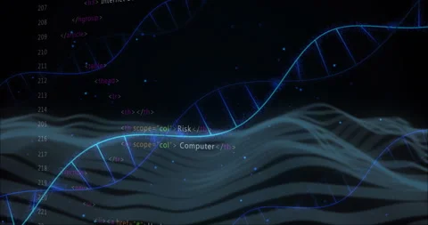 DNA strands and coding elements over abstract waves and binary data Stock Footage 307736789
