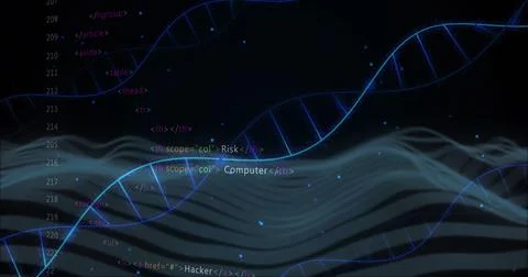 DNA strands and coding elements over abstract waves and binary data Stock Illustration