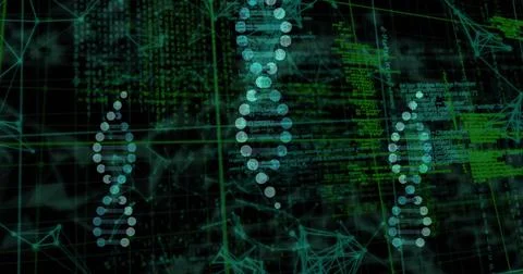 DNA strands and coding sequences over scientific data processing Illustrazione stock